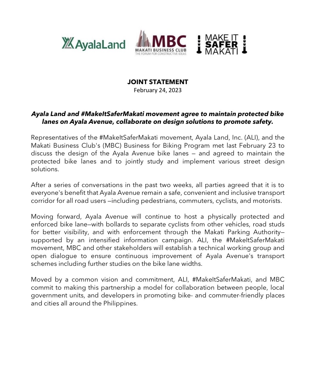 Ayala Land And Makeitsafermakati Movement Agree To Maintain Protected