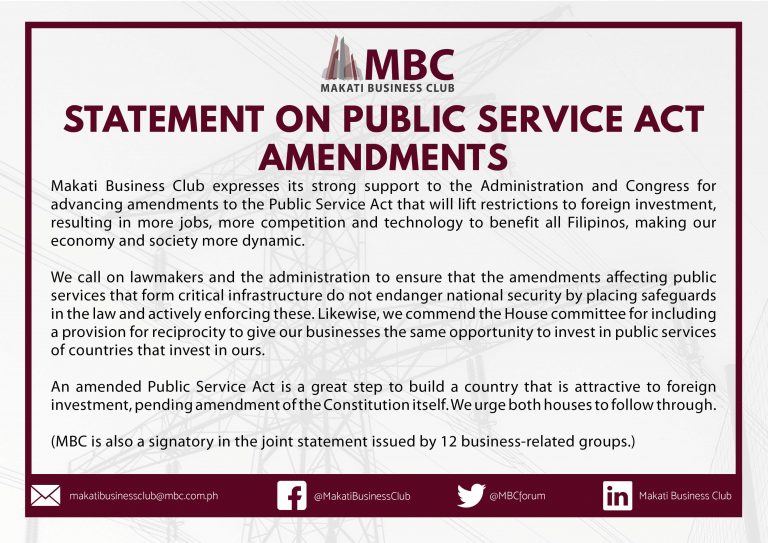 Makati Business Club Statement on Public Service Act Amendments